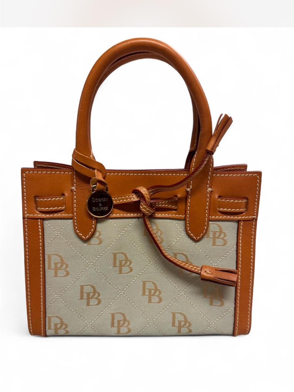 Dooney & Bourke Tan and Cream Logo-Print Tassel Bag